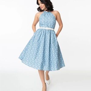 Unique Vintage Chambray Eyelet Lombard Dress